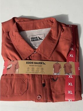 Eddie Bauer Short-Sleeve Woven Tech Shirt in Rust Orange